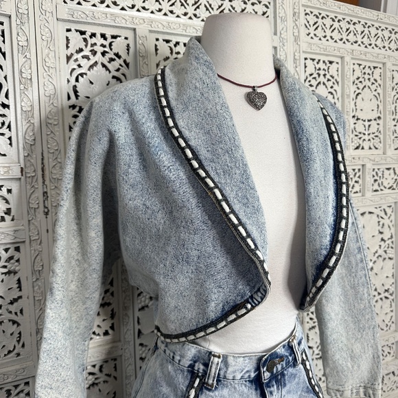 Vtg Acid Wash Denim Cropped Jacket & Trumpet Skirt Set Sz Small - Picture 2 of 10
